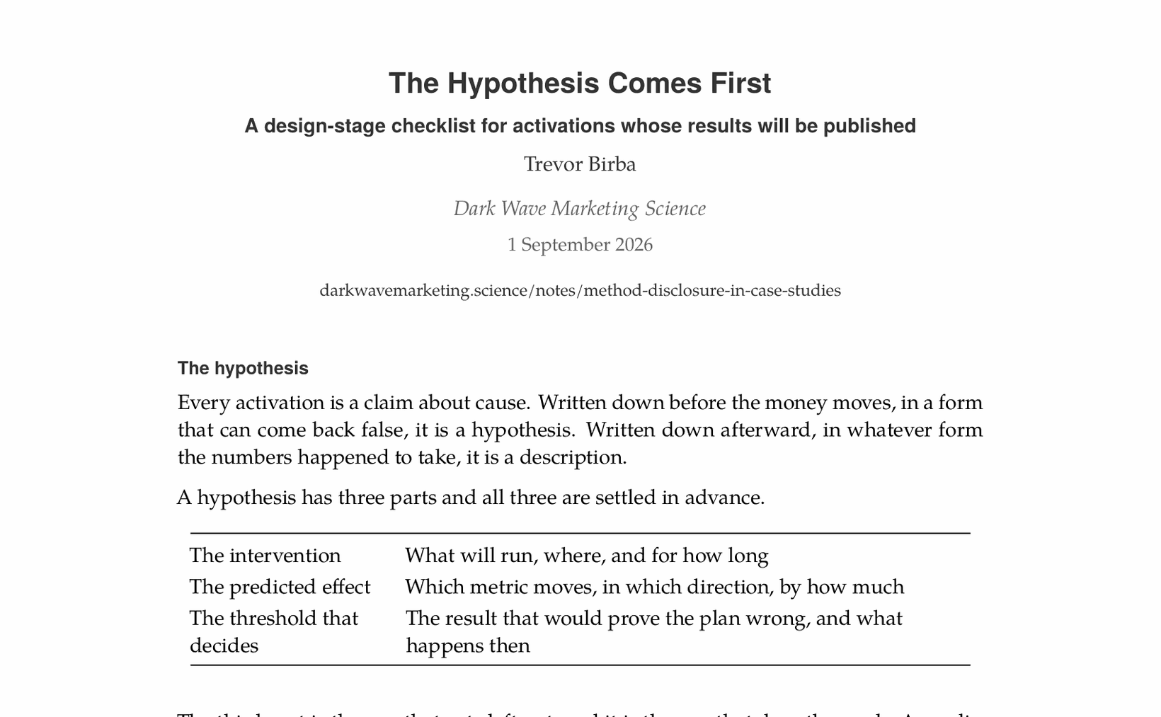 The first page of the design-stage checklist, showing the title and the hypothesis section