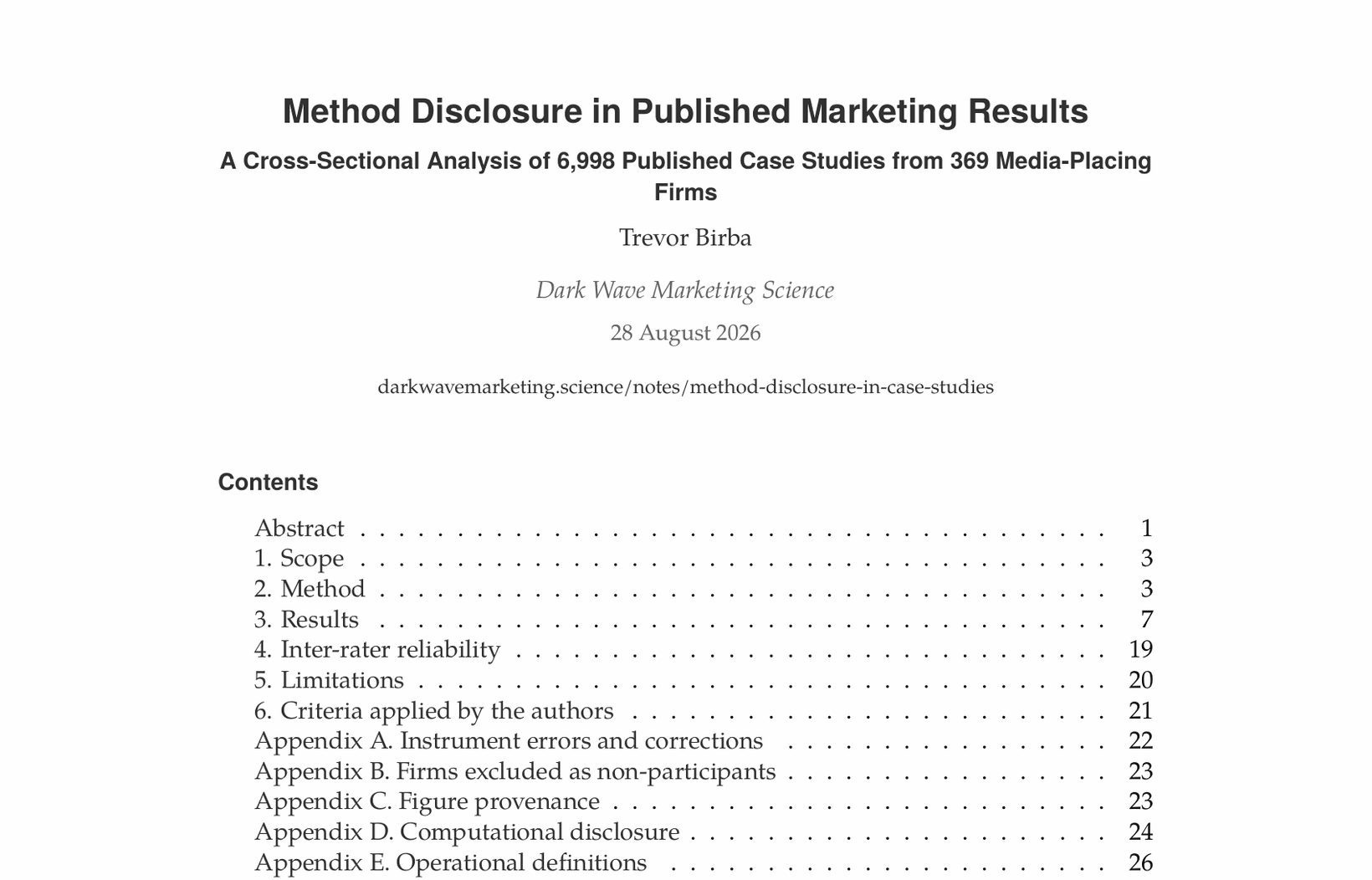 The first page of the paper, Method Disclosure in Published Marketing Results, showing the title, author and table of contents